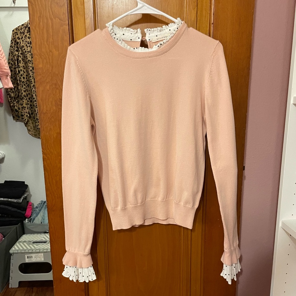 Blush Sweater with Black and White PolkaDot Collar and Ruffle Sleeve